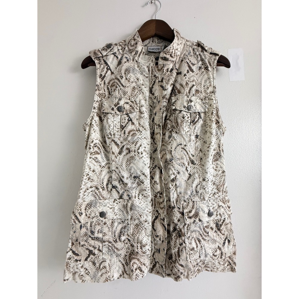 Chicos Snakeskin Utility Vest Size 2 Large Animal Print Cargo Safari Zip Front
